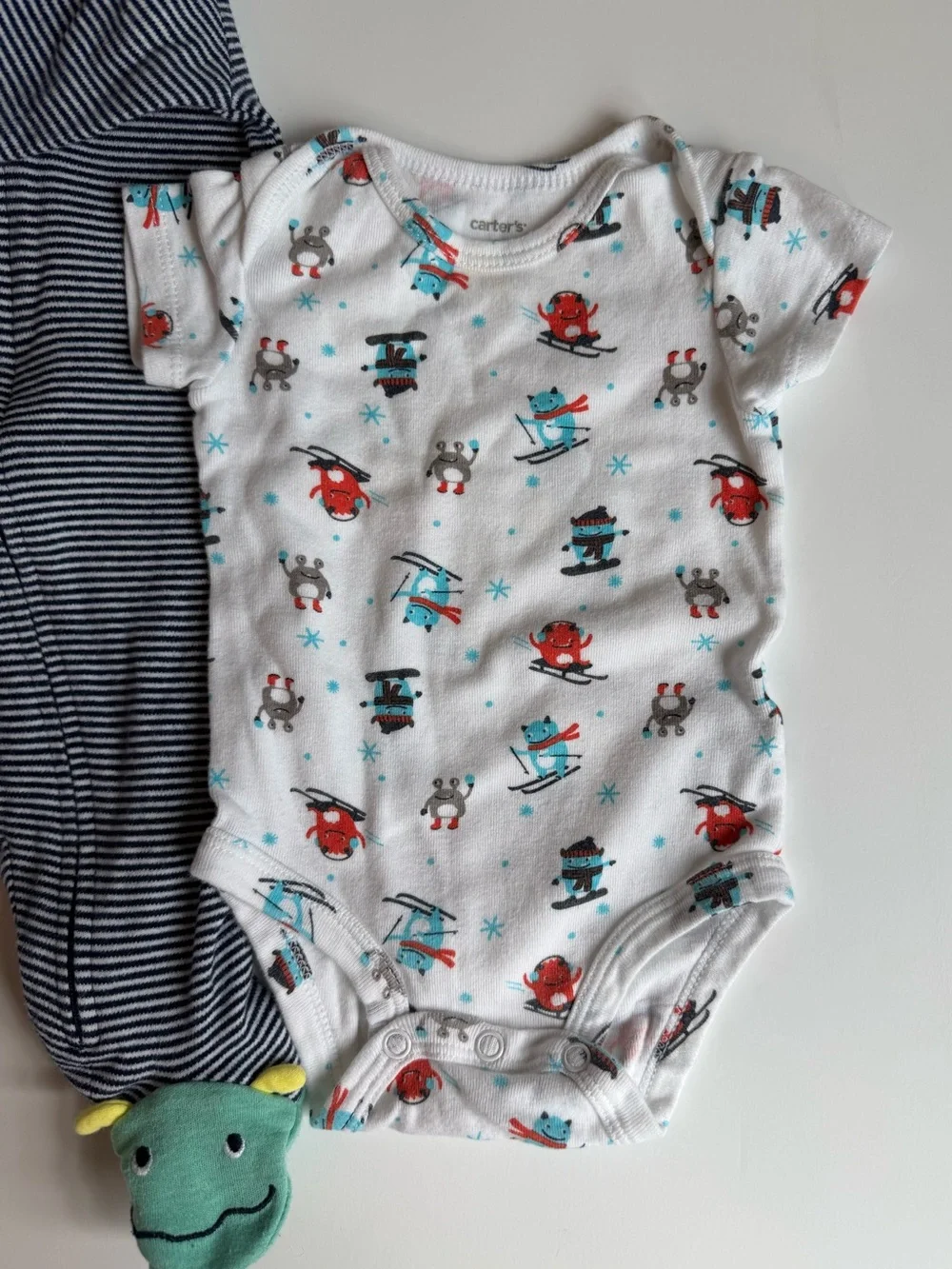 3/$15 | Carter's Navy Striped Footie, Printed White Bodysuit & Navy Pants Set
